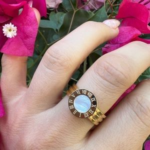 Luxury Gold Color Stainless Steel Woman Rings Roman Numbers Fine Jewelry Size 8